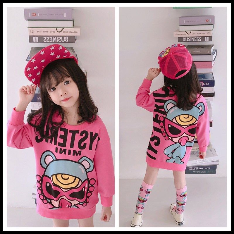网红亲子装母女装洋气春秋中长卫衣2023女童宽松冬加绒加厚连衣裙