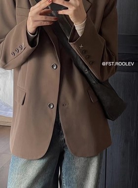 FST 黑色西装外套女秋季新款复古宽松高级感格纹休闲卡绿西服上衣