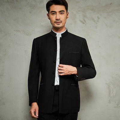 高档中山装中式婚礼爸爸礼服男中老年装中华立领西服套装岳父大码