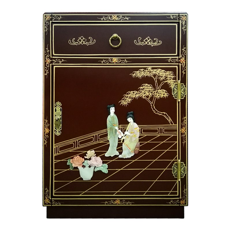 漆艺骨石镶嵌人物单门一抽床头装饰柜扬州漆器实木新中式古典家具