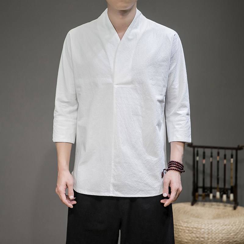 汉服七分袖内搭男宽松中式T恤内衫上衣古装打底衫7分袖内衬恤衫胖