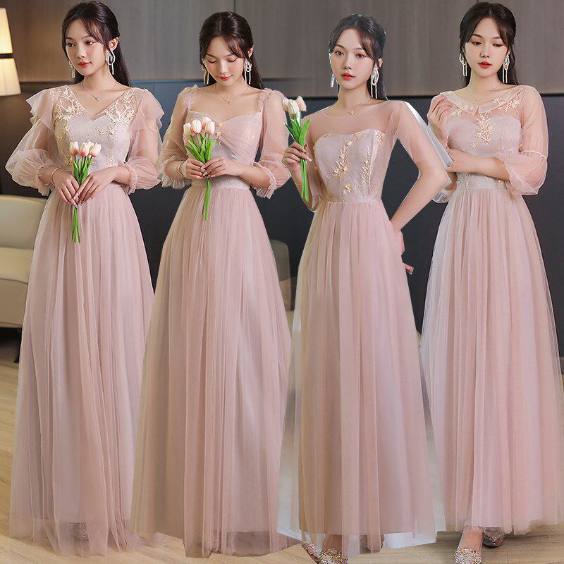 粉色伴娘服2024新款姐妹团显瘦高级感学生大合唱演出礼服裙女春夏