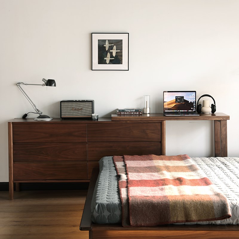 全实木斗柜一体梳妆台可伸缩收纳柜北欧黑胡桃木小户型床尾柜书桌