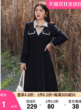 气质衬衫领拼接加厚款磨毛连衣裙显瘦胖MM大码黑色磨毛A字长裙子