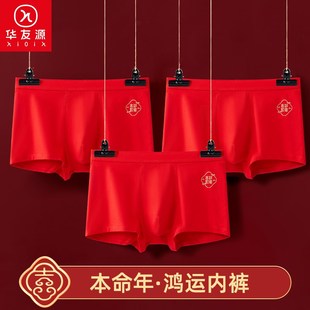 华友源本命年内裤男纯棉高腰平角裤加厚中老年大红色老人四角内裤