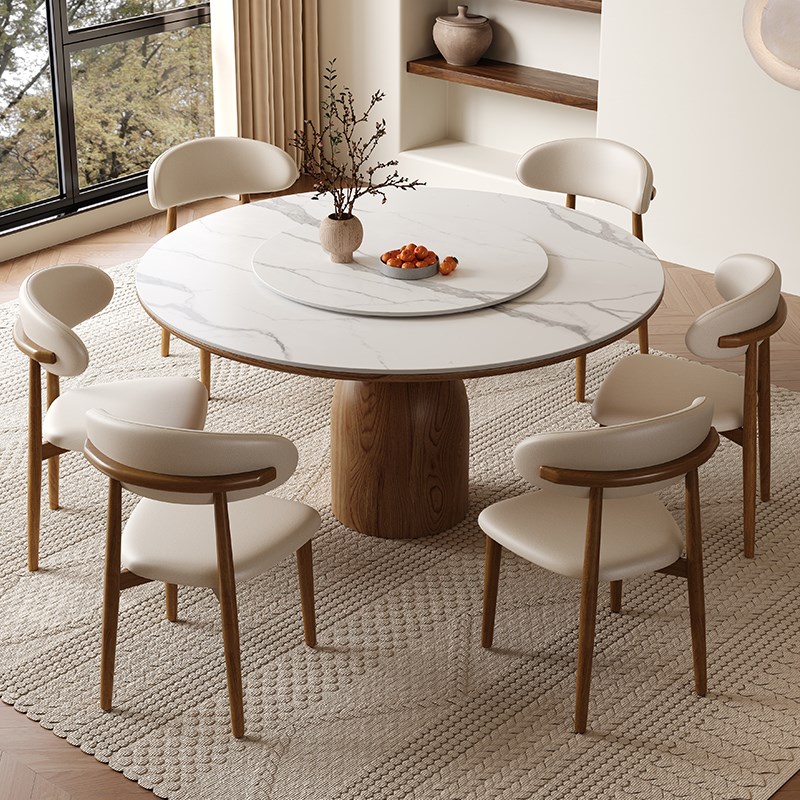 中古风全实木岩板圆桌带转盘小户型家用橡胶木黑色圆形餐桌椅组合