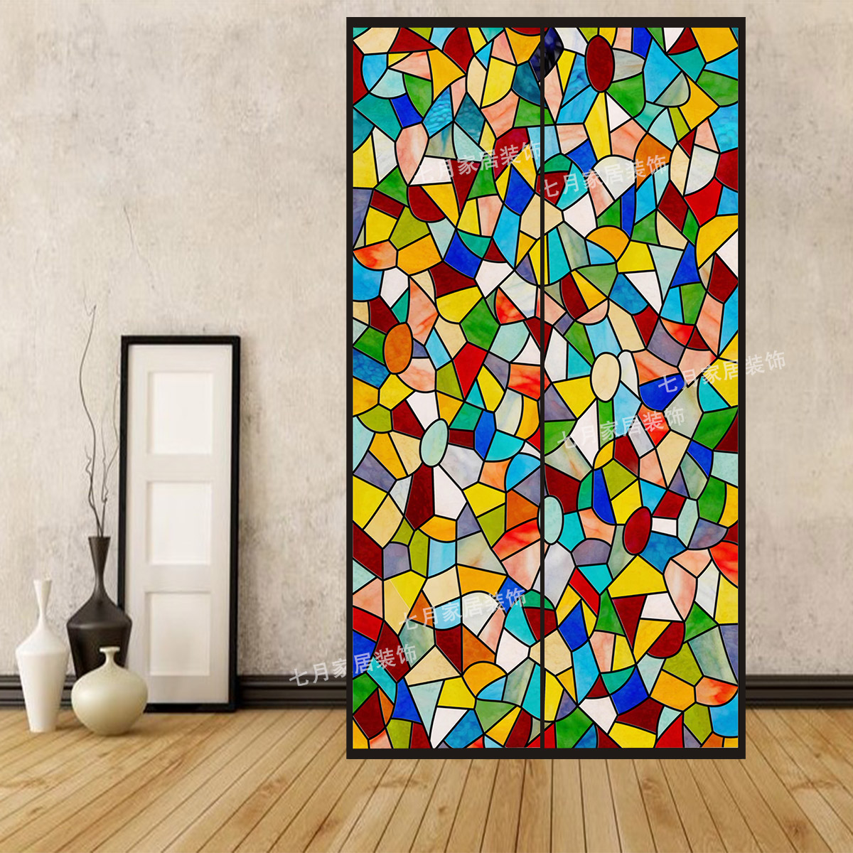 欧式彩色复古教堂静电磨砂玻璃贴膜透光不透明浴室窗户窗花贴纸