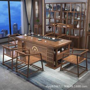 新式木茶台椅组合家用禅意功夫茶桌中茶具套实装一AFF体茶盘电动