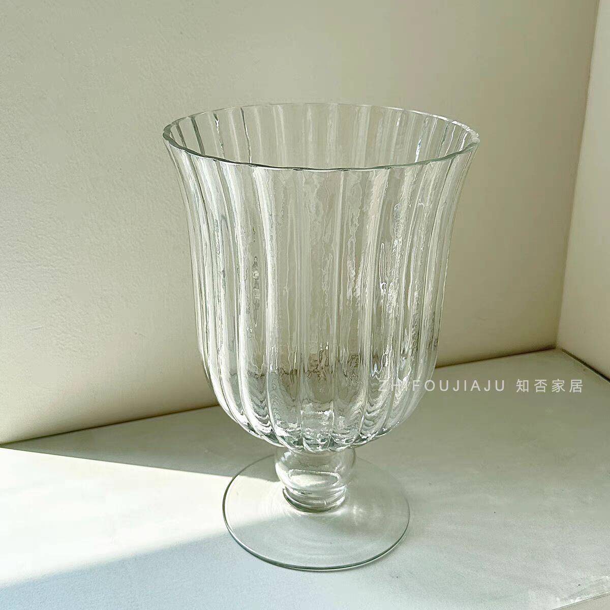明玻璃花瓶欧888式意高脚花器插花大径水透培鲜花创广口口瓶