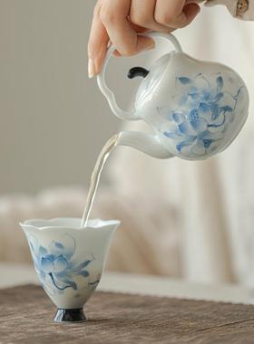 手绘茶壶釉下彩蓝莲ZAR壶花提梁带球孔过滤家用高瓷档功夫茶纯具