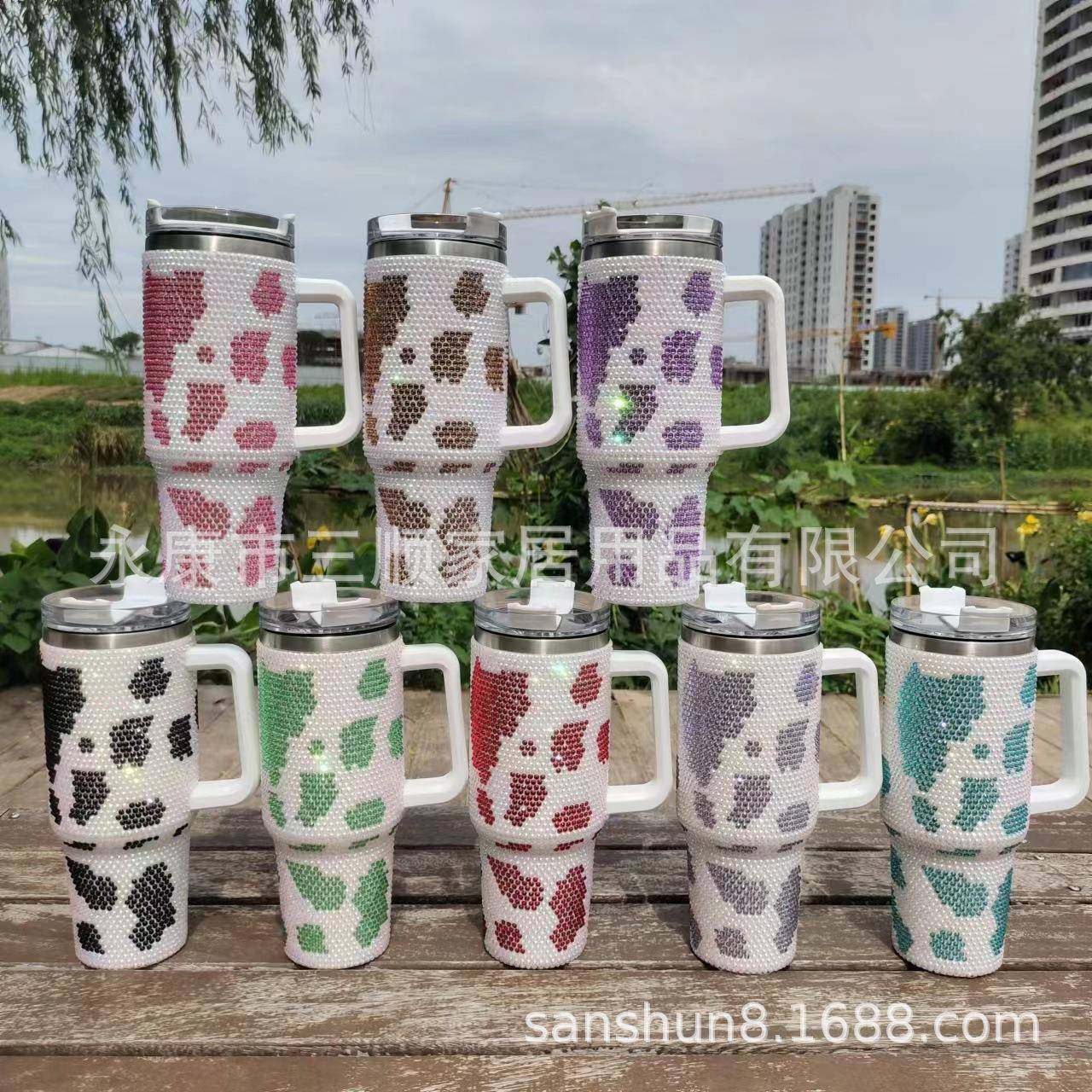 一代40oz不锈钢304手柄镶贴钻保温杯带吸管车载保冷钻石冰霸杯