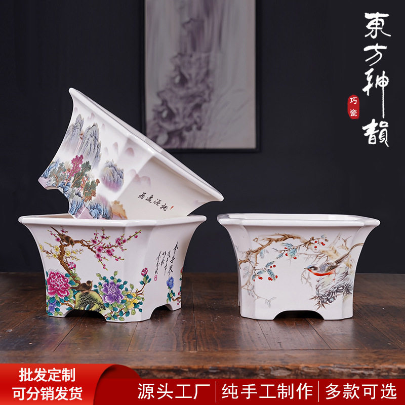 花盆陶瓷批发大号四方六方形贴画彩绘花盆室内绿植盆栽盆北欧简约