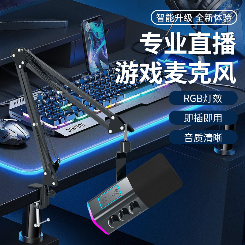认证WM13跨境RGB动圈降噪游戏麦克风USB桌面圆盘支架款直播话筒