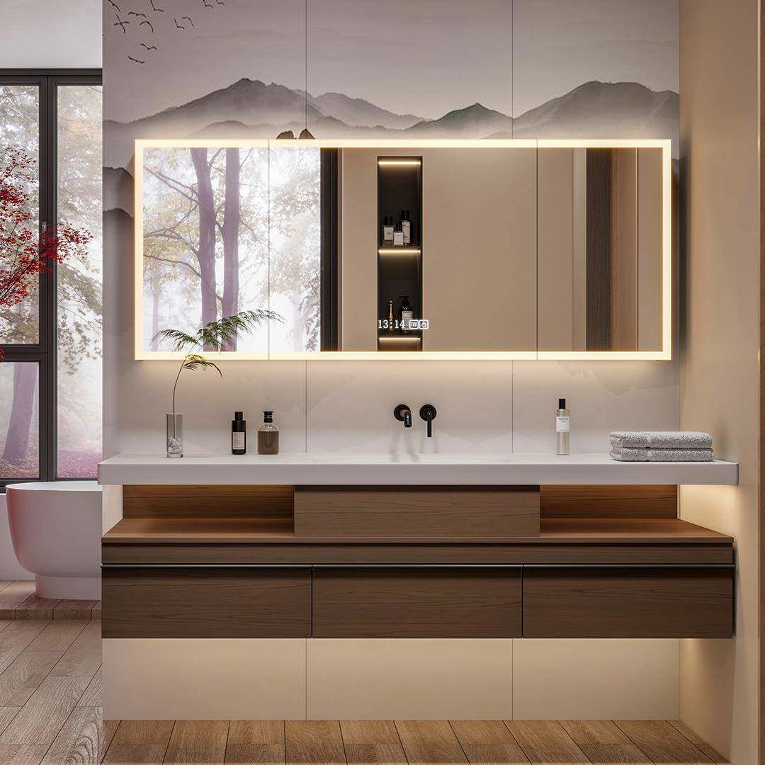 中古风可丽耐一体盆悬挂式橡胶木智能浴室柜组合卫生间洗漱台