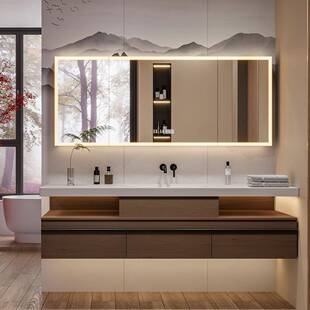 中古风可丽耐一体盆悬挂式橡胶木智能浴室柜组合卫生间洗漱台