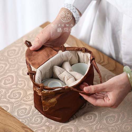 5ZW织锦布袋一壶两杯旅行加厚便携杯套茶具茶杯收纳包保护袋