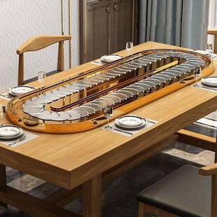 长方形餐桌电动转盘旋转小火锅桌传动带不锈钢月牙片旋转长桌转盘