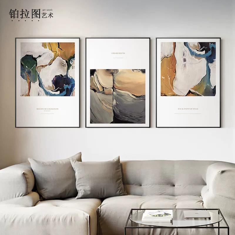 沙发背景装饰画抽象现代简壁画客厅酒店北欧大气油画三联挂画