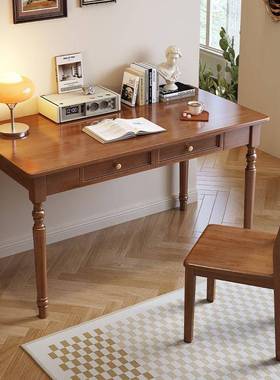 实木写字台复古美式客厅阳台卧室书房简易书桌中小学生学习写字桌