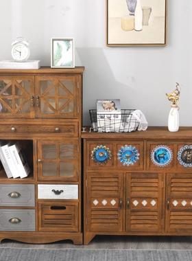 简易小柜子储物柜客厅多功能立柜带门彩绘高柜复古斗柜美式实木