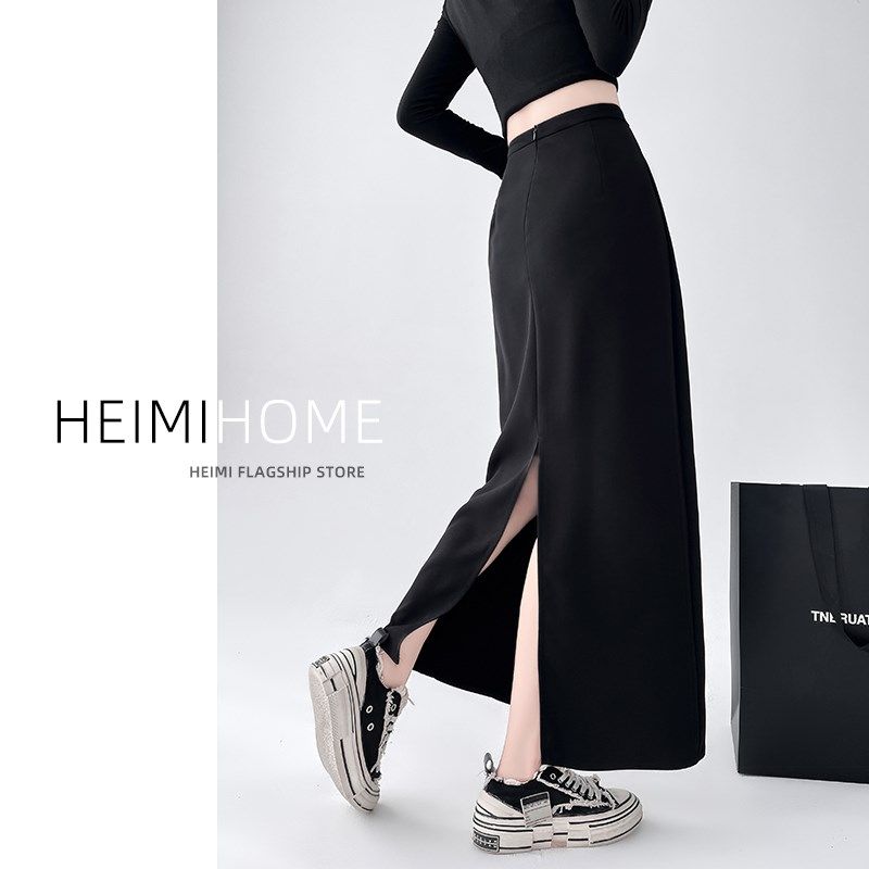 黑色西装裙女春秋冬高腰显瘦包臀a字长裙后开叉直筒毛呢半身裙潮