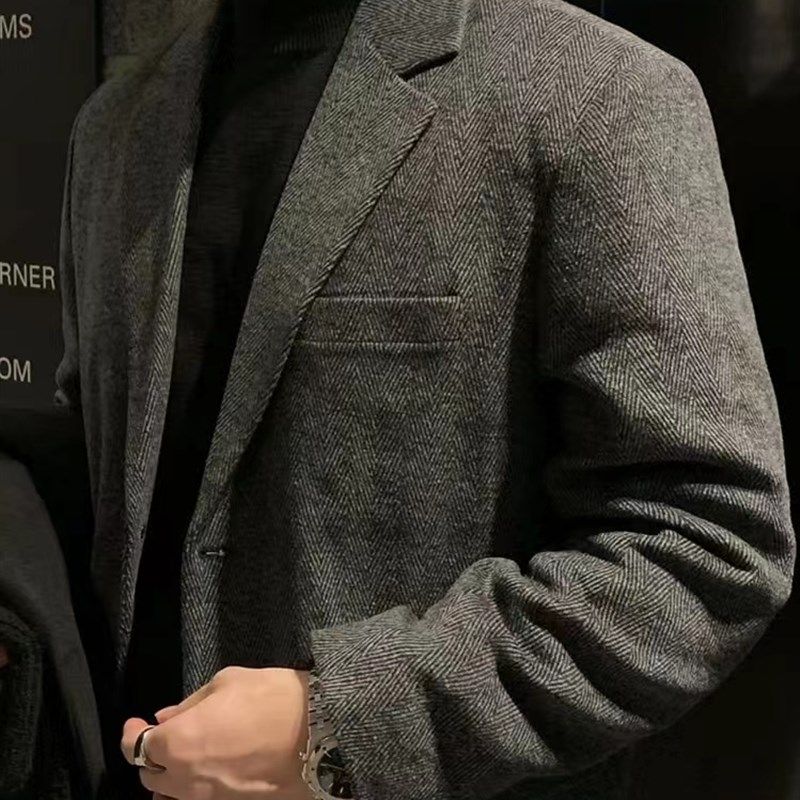 秋冬季加厚款大码男士人字西装外套商务男装高级修身英伦休闲西服