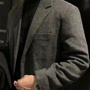 男士 大码 人字西装 外套商务男装 英伦休闲西服 秋冬季 高级修身 加厚款