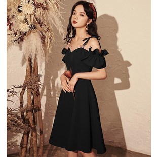 优雅晚礼服答谢宴酒红色吊带修身显瘦结婚礼服便装短款日常回门裙