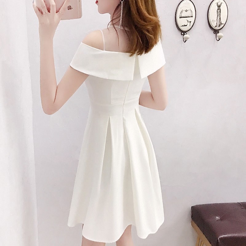 连衣裙女新款2025气质白色中长款A字裙子小清新夏显瘦修身一字肩