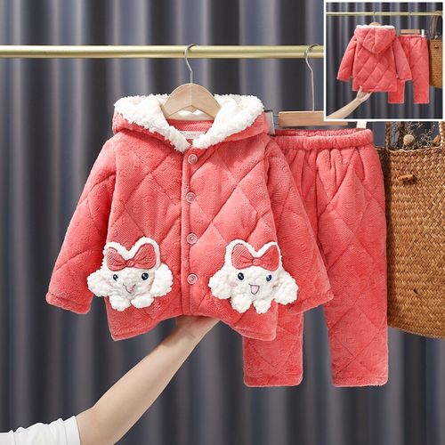 冬季新款女童三层加厚夹棉珊瑚绒睡衣套装法兰绒女孩保暖家居服