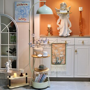 奶油风边几落地灯卧室客厅沙发法式田园茶几置物架一体床头柜台灯