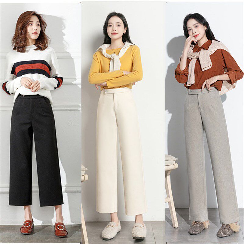 时尚白色 窄版阔腿裤女秋冬加厚加绒八分小个子150毛呢九分直筒裤