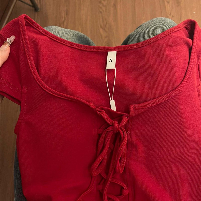 设计感蝴蝶结系带短袖T恤女夏季小个子复古红色修身显瘦短款上衣