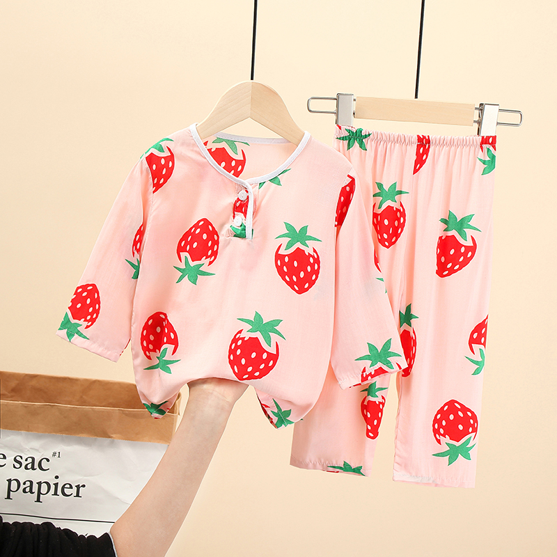 儿童棉绸睡衣长袖夏季家居服套装男女童婴幼儿宝宝绵绸薄款空调服