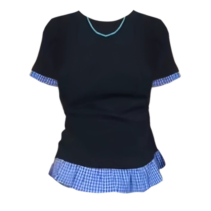 大码胖mm美式圆领套头黑色T恤女夏季百搭修身条纹拼接假两件上衣