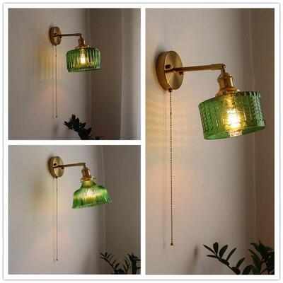 日复古黄帽铜玻璃开壁灯卧室床头灯20346式卫生间衣间背景墙拉线