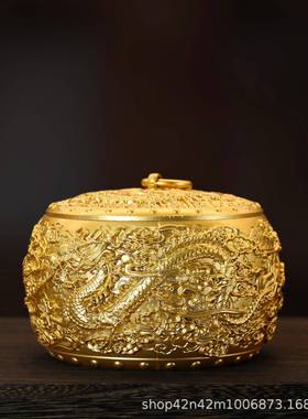 纯黄铜盆百福聚龙凤茶叶TKS财罐带盖铜缸大号米聚宝茶叶盒厂家