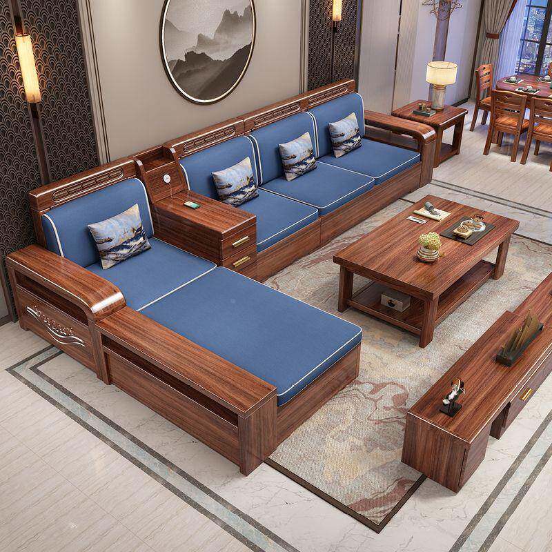 金丝胡桃木实木沙组合客厅小户型冬QUK夏现花代两中式雕用发储物