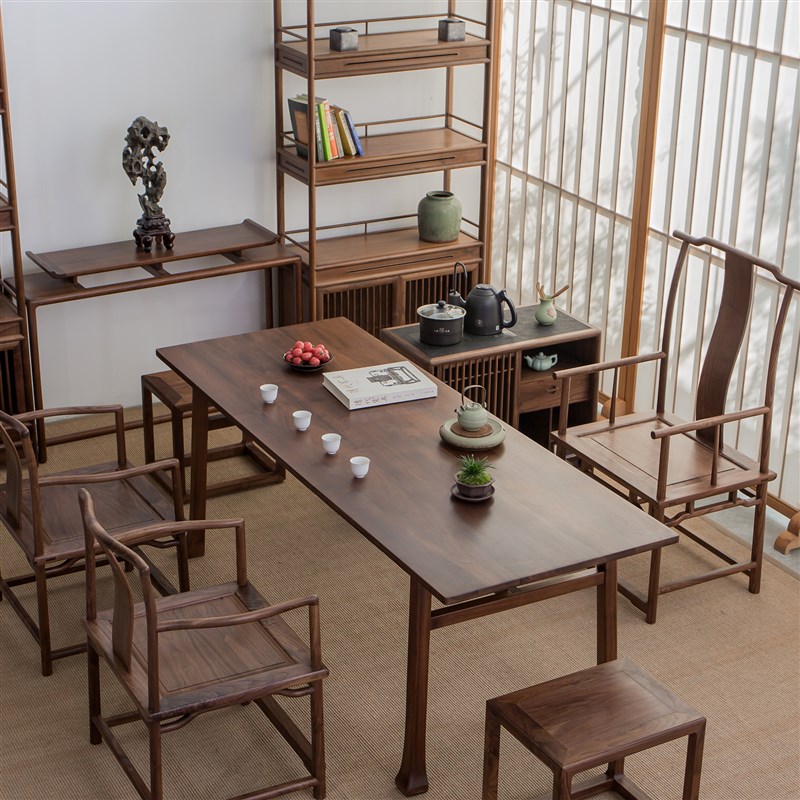归璞一舍茶桌椅组合黑胡桃木茶台实木茶桌茶室功夫新中式家具茶几