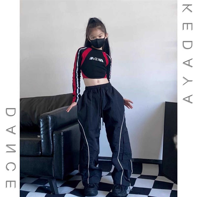 儿童甜酷女童机车风修身露脐T恤工装裤爵士舞街舞套装嘻哈演出服