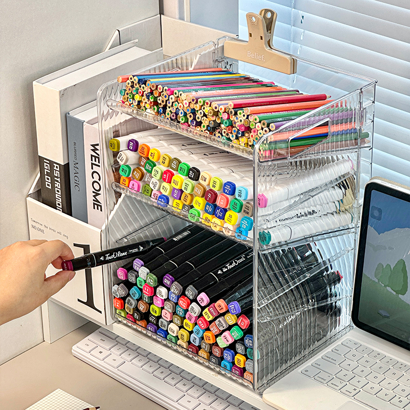 麦克笔收纳层架三层大容量分层笔架笔筒学生文具置物架儿童彩色笔