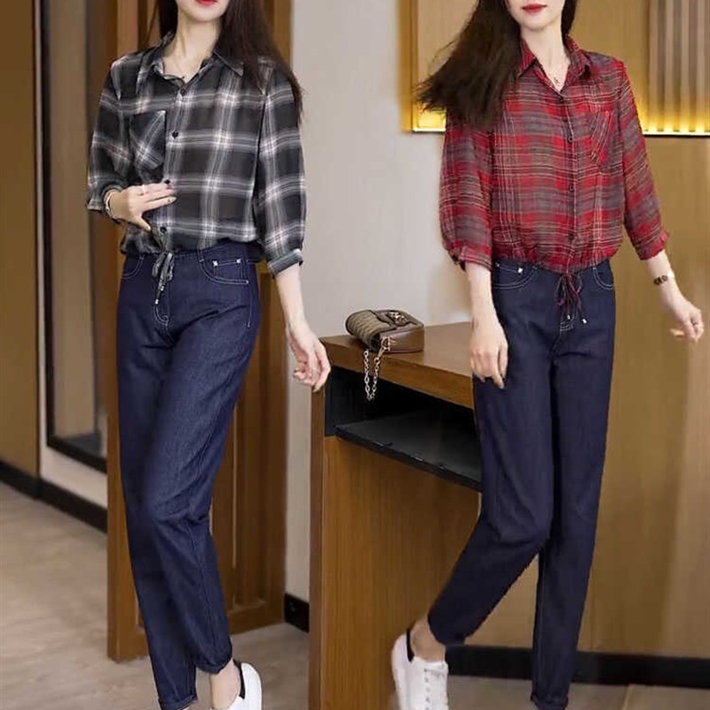 2024夏季新款法式格子防晒薄款7分袖衬衫宽松百搭时尚洋气上衣女