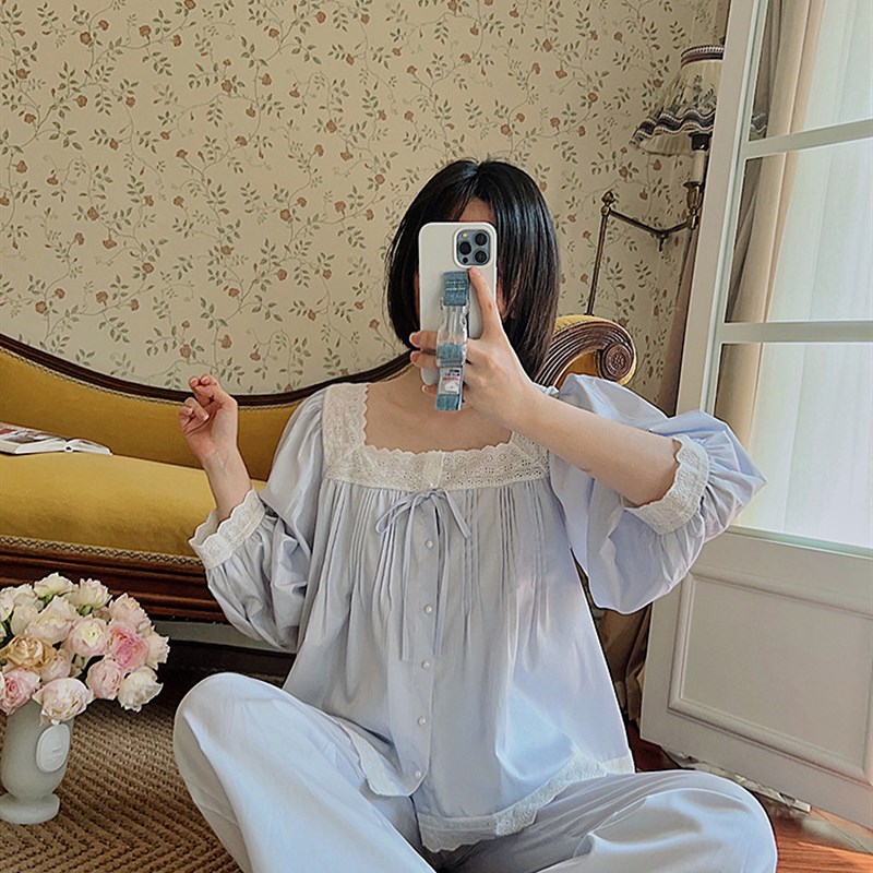 纯棉睡衣女2023年新款春秋季复古优雅甜美宫廷风长袖套装夏家居服