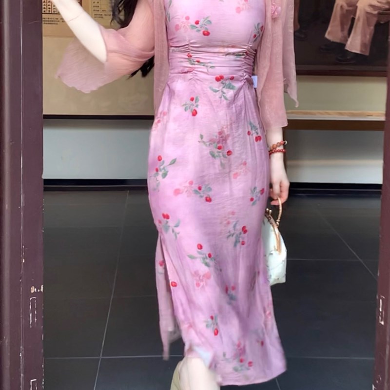 她来了复古馆清冷蔷薇粉旗袍新中式改良夏季仙女款修身古典连衣裙