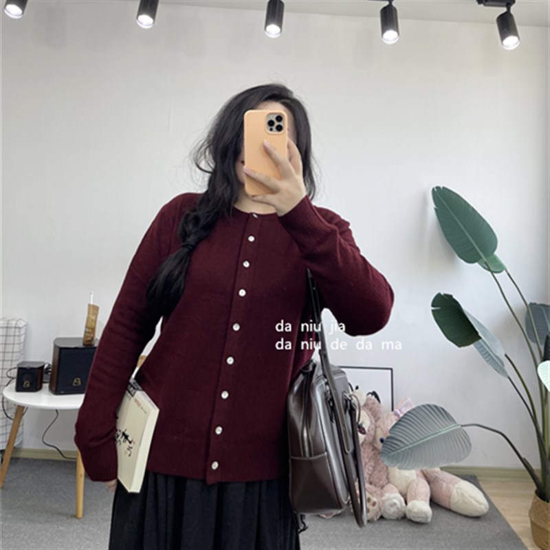 古早安哥拉红复古圆领扣子针织开衫大牛家大码女装胖MM显瘦百搭