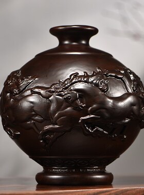 黑檀木雕刻八骏雄风花瓶摆件客厅插花装饰家居实木质中式开业礼品