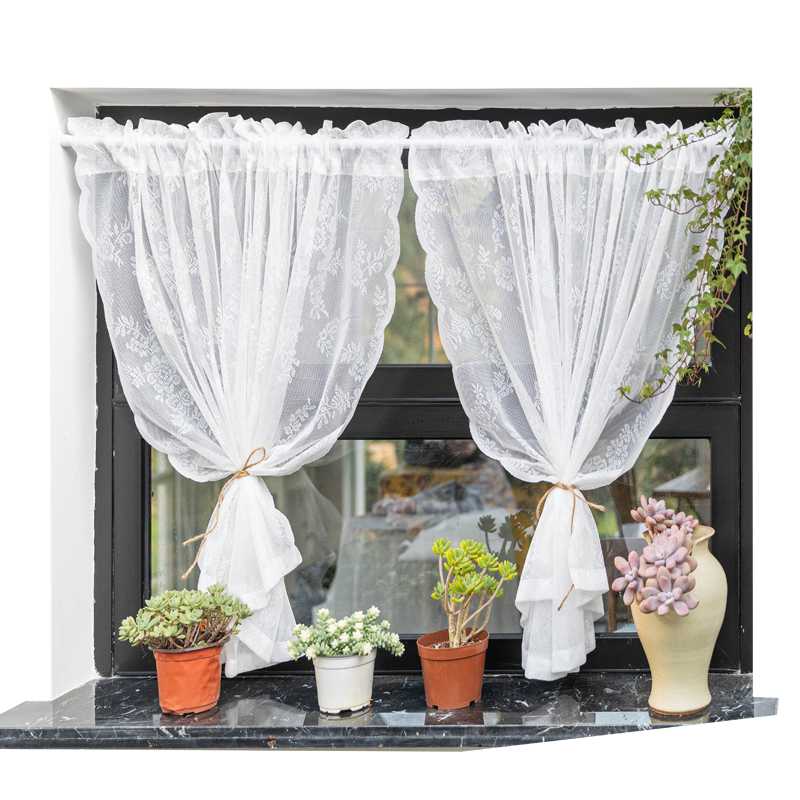 韩式田园蕾丝白色纱帘半帘窗帘客厅阳台飘窗隔断门帘免打孔短帘
