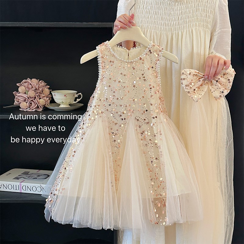 女童连衣裙夏季2024新款生日礼服儿童网纱裙子女孩时髦亮片背心裙