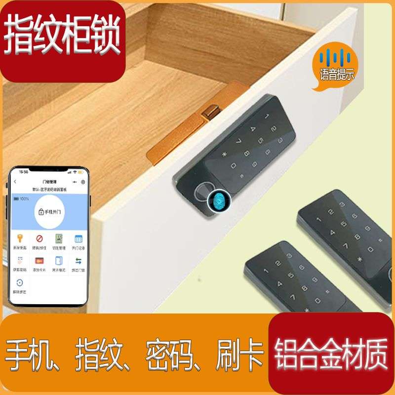 抽屉指纹密码锁储物鞋柜文件铁皮木门双开门通用小型免布线小锁