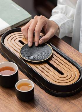 黑陶茶盘制储水你式泡小茶台陶瓷办公干室家用BUI日式竹迷简约托
